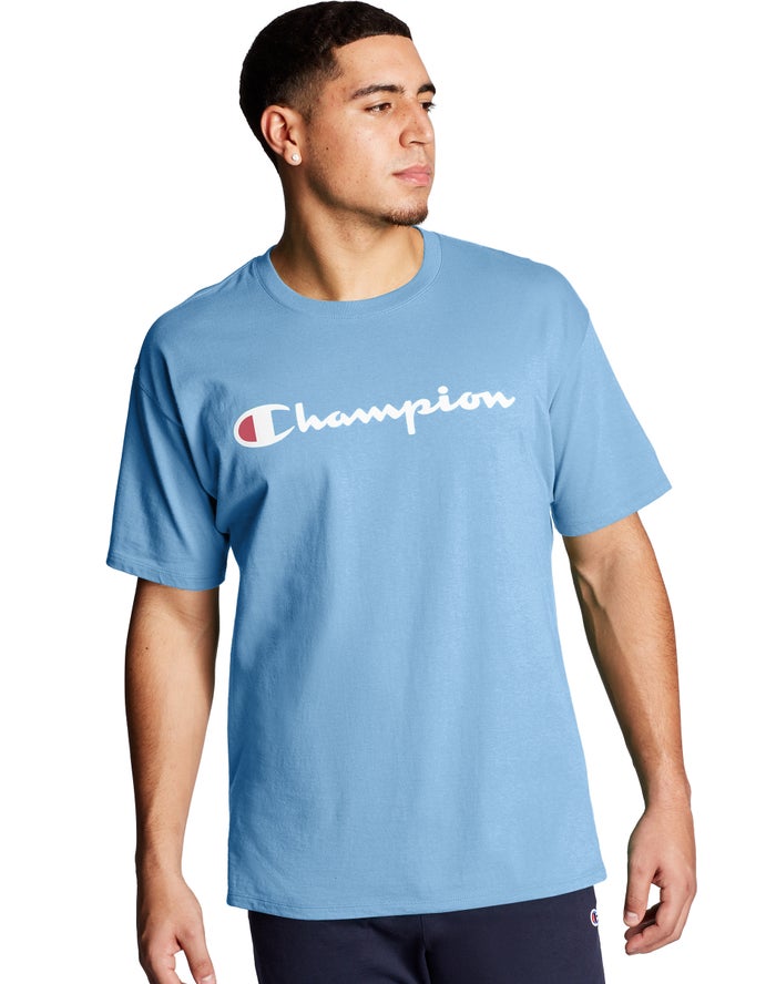 Champion Herre T-Shirts Blå - Graphic Jersey Script Logo - Danmark TAJ-935810